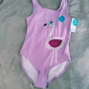 Girls purple flamingo one piece swim suit